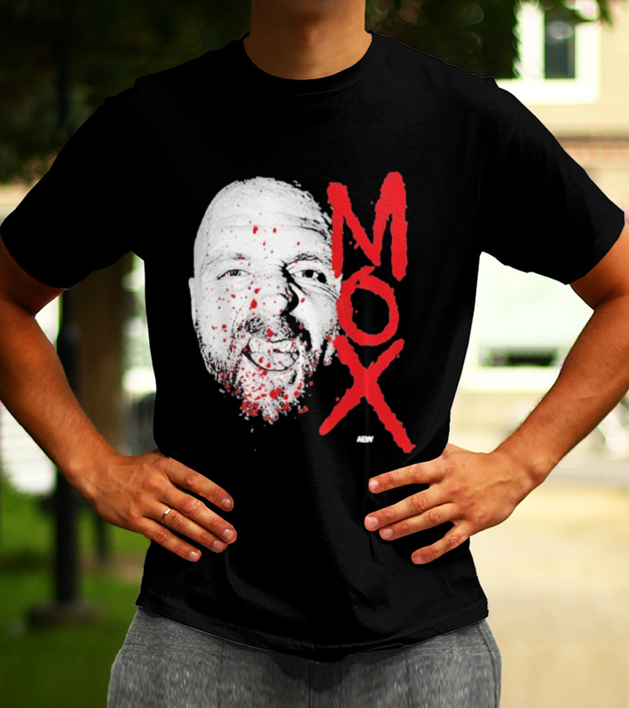 Moxley Big Head Mox Text Blood Splatter T-Shirt