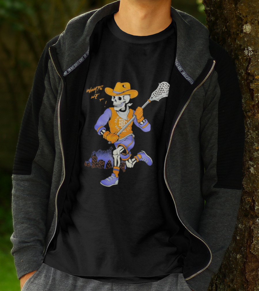 BriarBrothers Brewing Co Skeleton Lacrosse Player With City Skyline T-Shirt