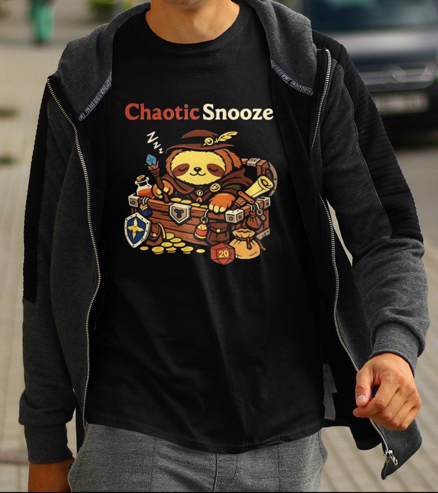 Chaotic Snooze Sloth With Dungeons And Dragons Dice And Treasure T-Shirt