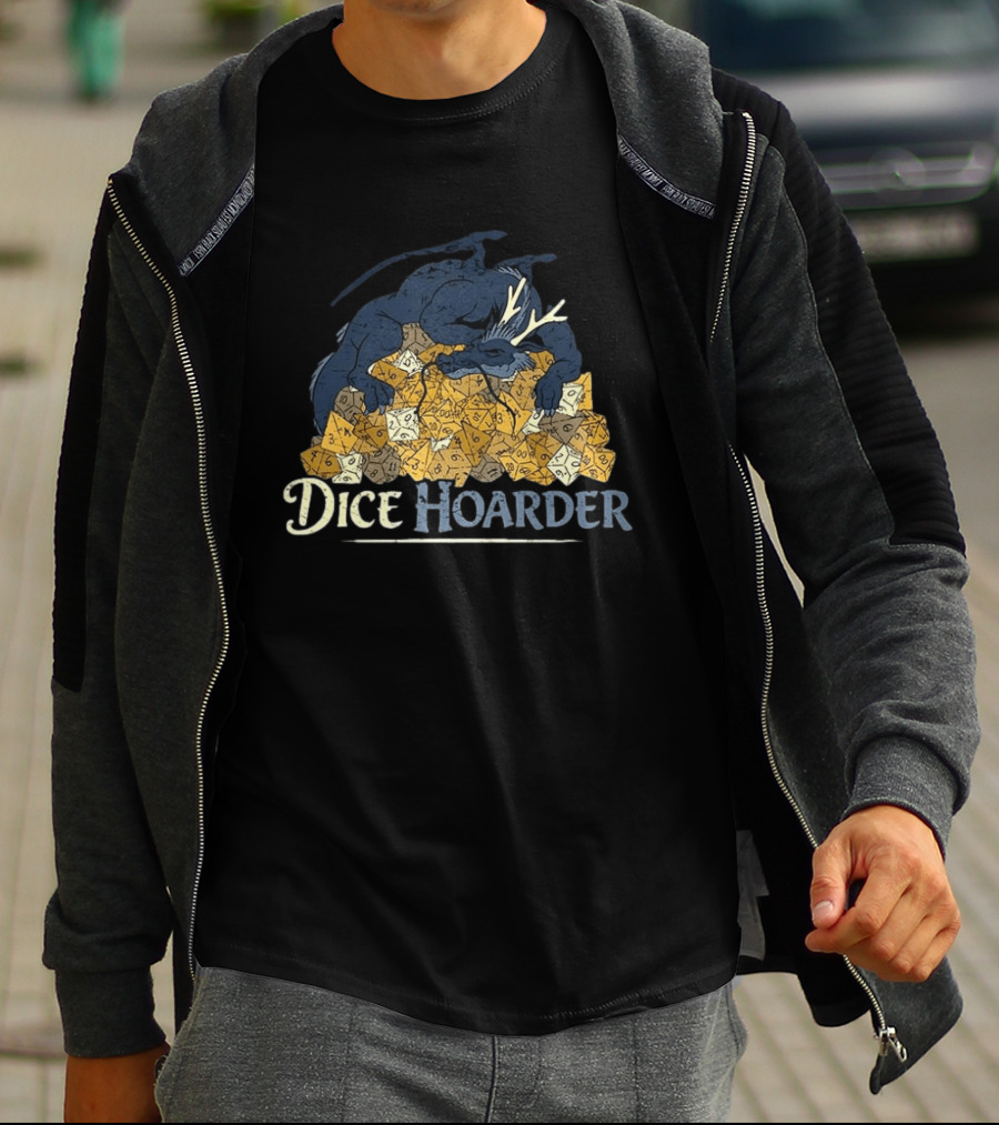 Dice Hoarder Dragon With Pile Of Polyhedral Dice Dungeons And Dragons Fantasy T-Shirt