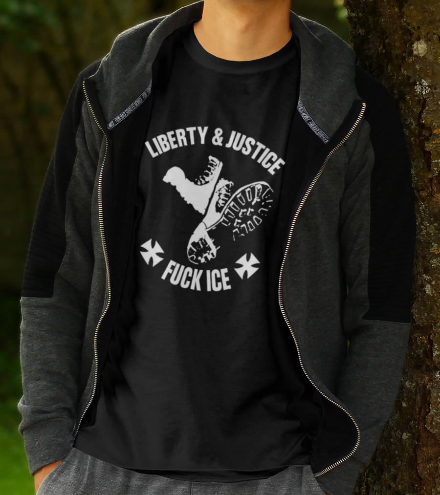 Liberty & Justice Fuck Ice Boots With Iron Cross Symbols T-Shirt