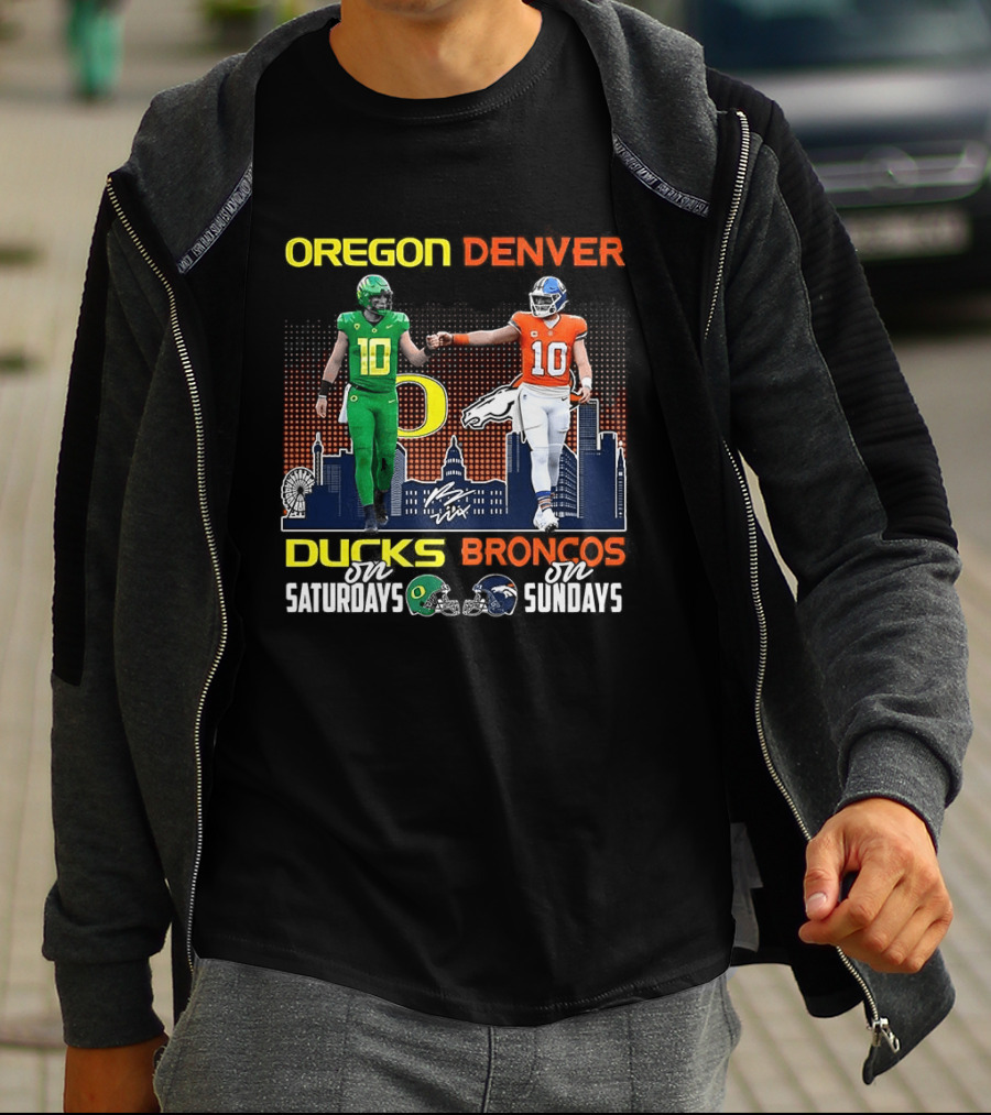 Oregon Ducks Saturdays Denver Broncos Sundays Bo Nix Signature Skyline T-Shirt