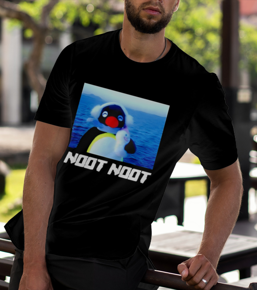 Noot Noot Penguin Holding Toy Ocean Background T-Shirt