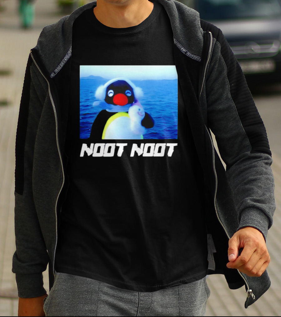 Noot Noot Penguin Holding Toy Ocean Background T-Shirt