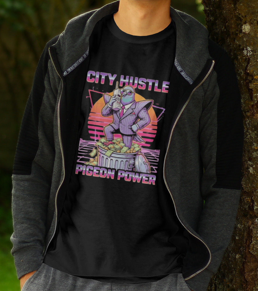 Pigeon Power City Hustle Funny Retro 80s Synthwave Suit Money Trash Can Telephone T-Shirt