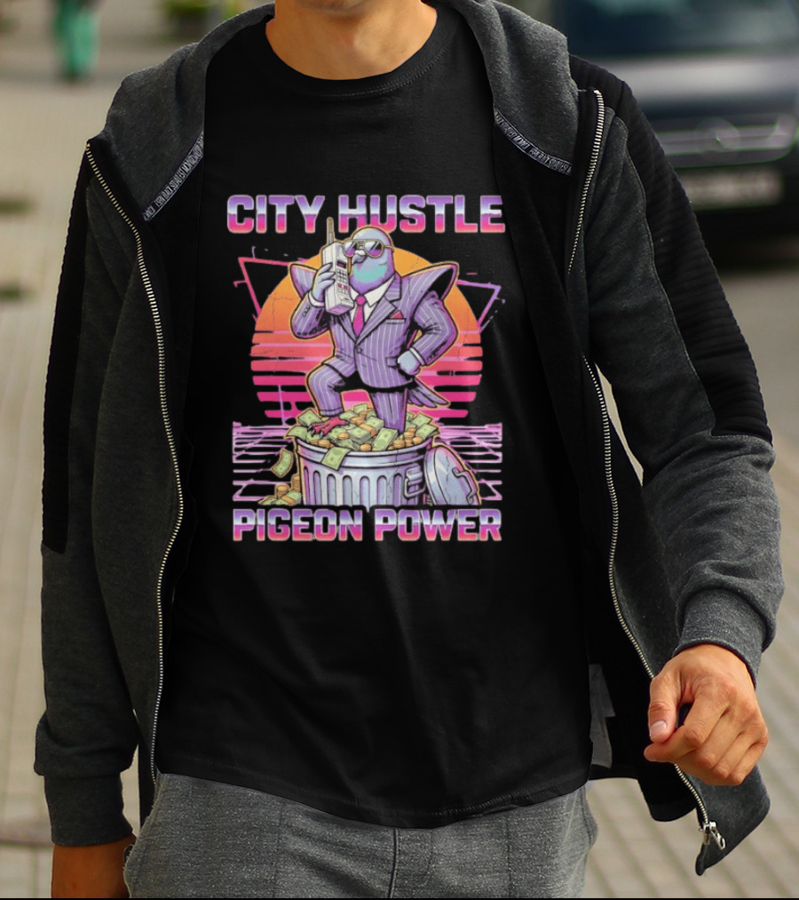 Pigeon Power City Hustle Funny Retro 80s Synthwave Suit Money Trash Can Telephone T-Shirt