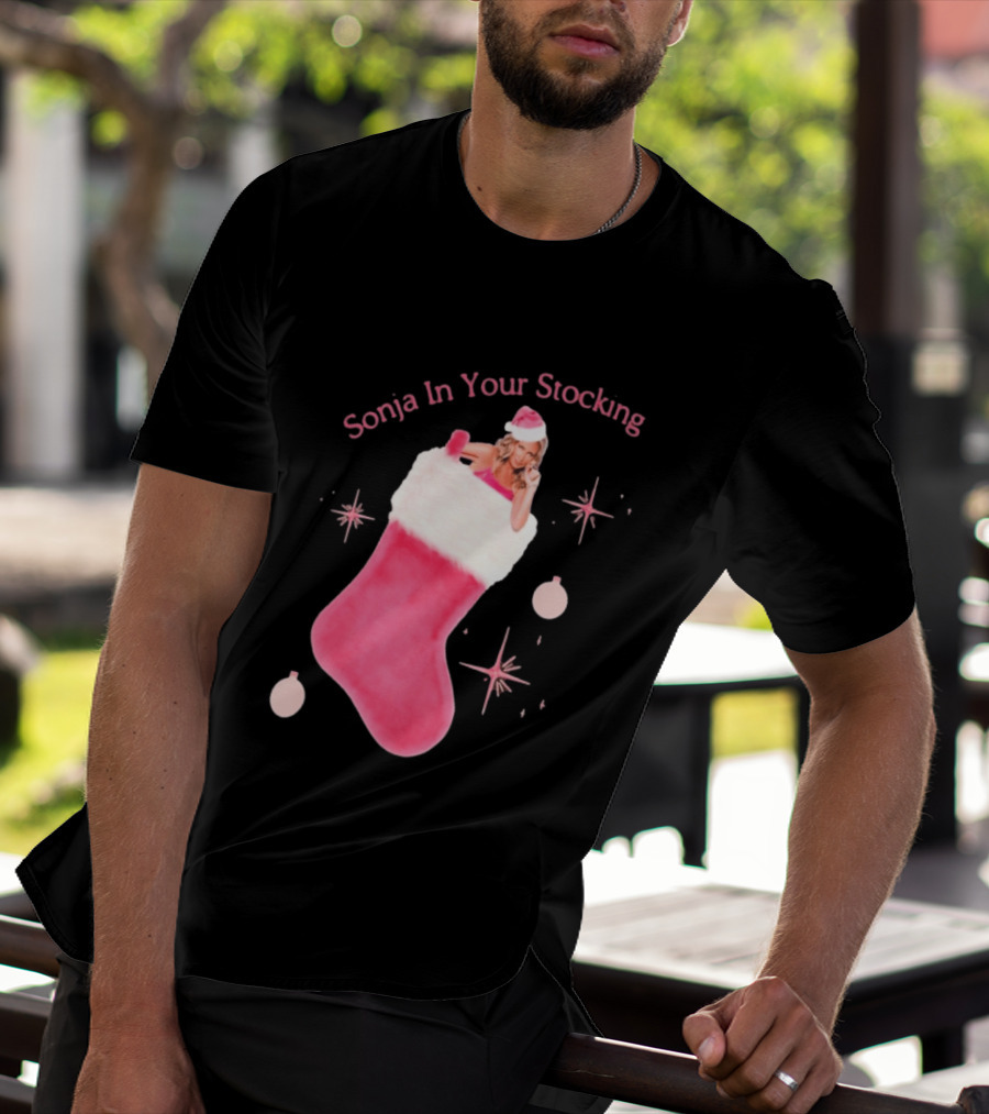 Sonja In Your Stocking Holiday Christmas Sox Pink Santa Hat Festive T-Shirt