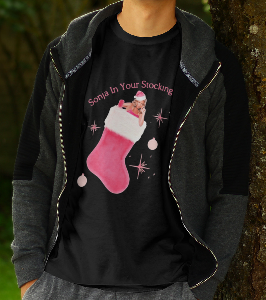 Sonja In Your Stocking Holiday Christmas Sox Pink Santa Hat Festive T-Shirt