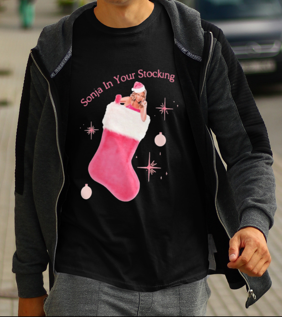 Sonja In Your Stocking Holiday Christmas Sox Pink Santa Hat Festive T-Shirt
