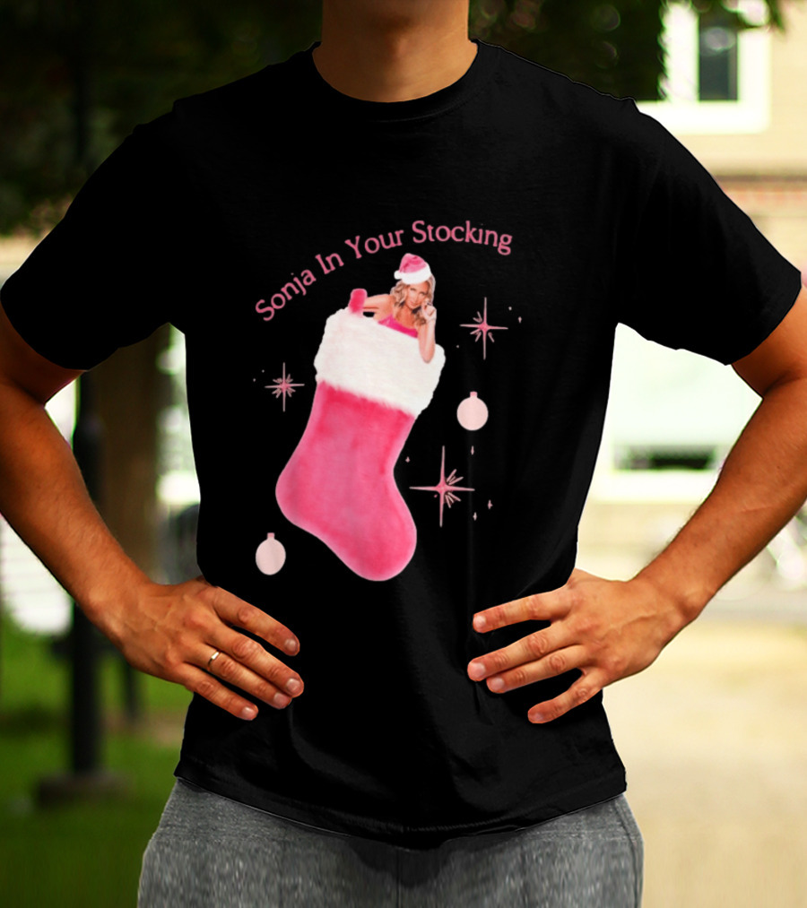 Sonja In Your Stocking Holiday Christmas Sox Pink Santa Hat Festive T-Shirt