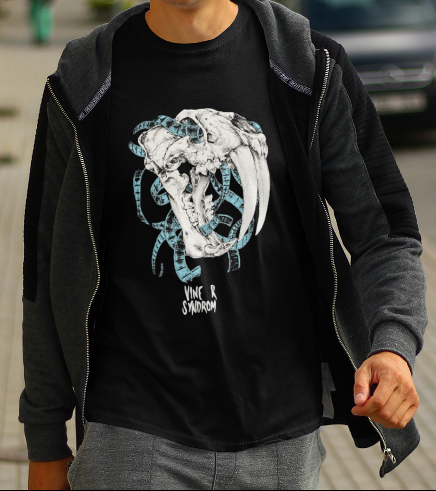 Vinegar Syndrome Saber Toothed Tiger Skull Vintage Film Reel T-Shirt