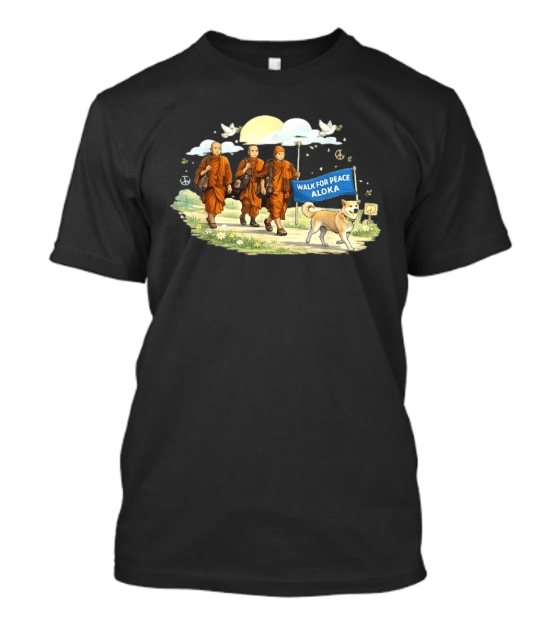 Walk For Peace Aloka Monks With Dog And Doves T-Shirt