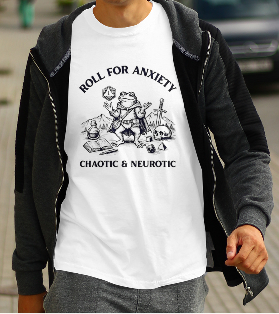 Roll For Anxiety Chaotic And Neurotic Frog Dungeons Dragons Dice Sword T-Shirt