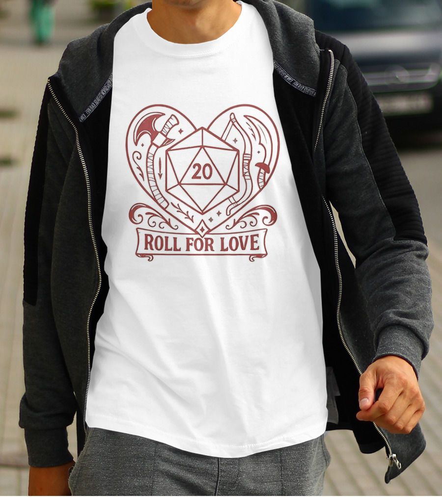 Roll For Love Heart Axe 20 Sided Dice Dungeons And Dragons T-Shirt