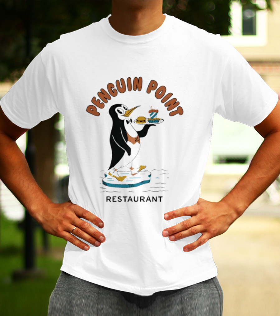 Penguin Point Restaurant Mascot Penguin With Bow Tie And Meal T-Shirt