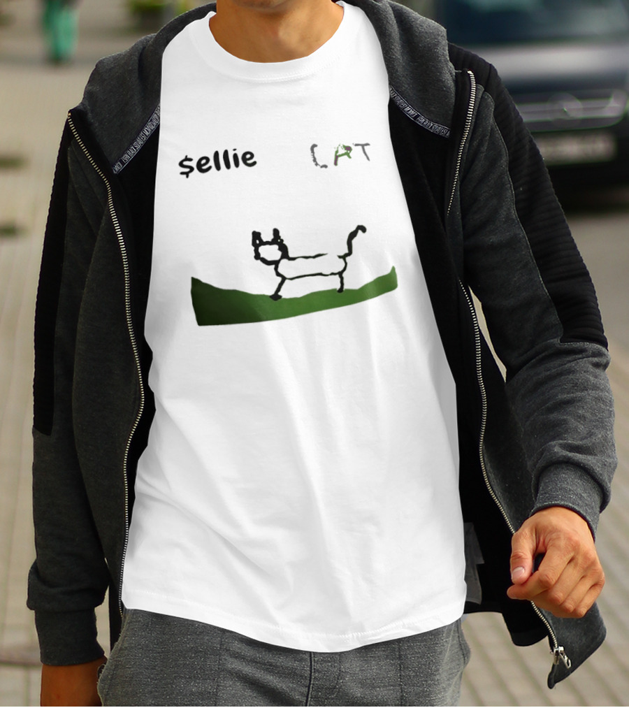 $sellie CAT Drawing Sketch With Green Ground T-Shirt