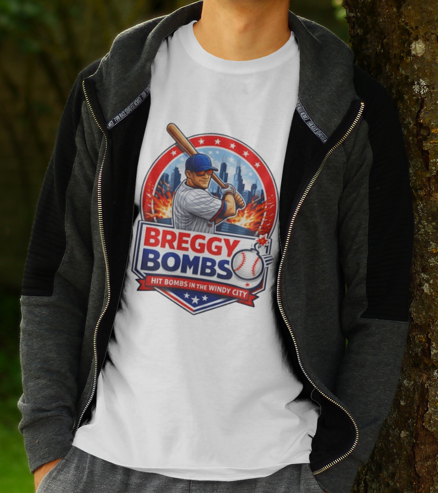 Breggy Bombs Hit Bombs In The Windy City Baseball Power Chicago Skyline Fireworks T-Shirt