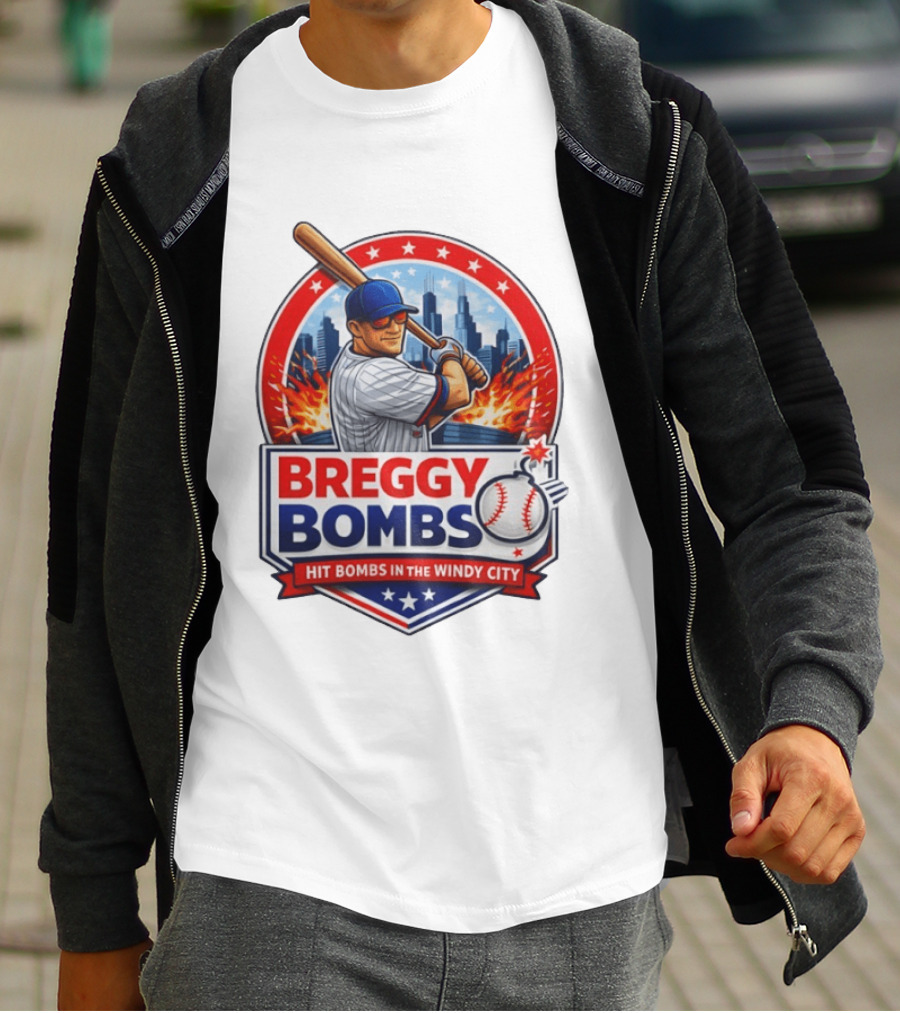 Breggy Bombs Hit Bombs In The Windy City Baseball Power Chicago Skyline Fireworks T-Shirt