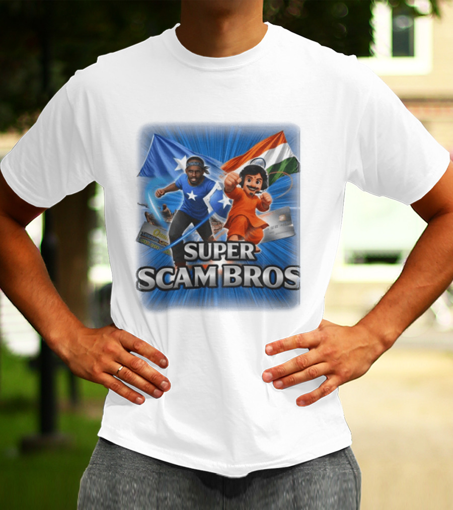 Super Scam Bros Indian Flag With Cartoon Superheroes And Credit Cards T-Shirt