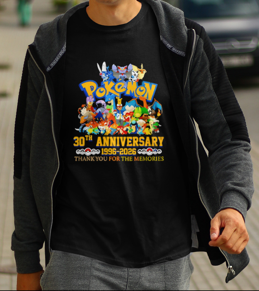 Pokémon 30th Anniversary 1996 2026 Pikachu Mewtwo Eevee Mew Dragonite Snorlax Thank You For The Memories T-Shirt