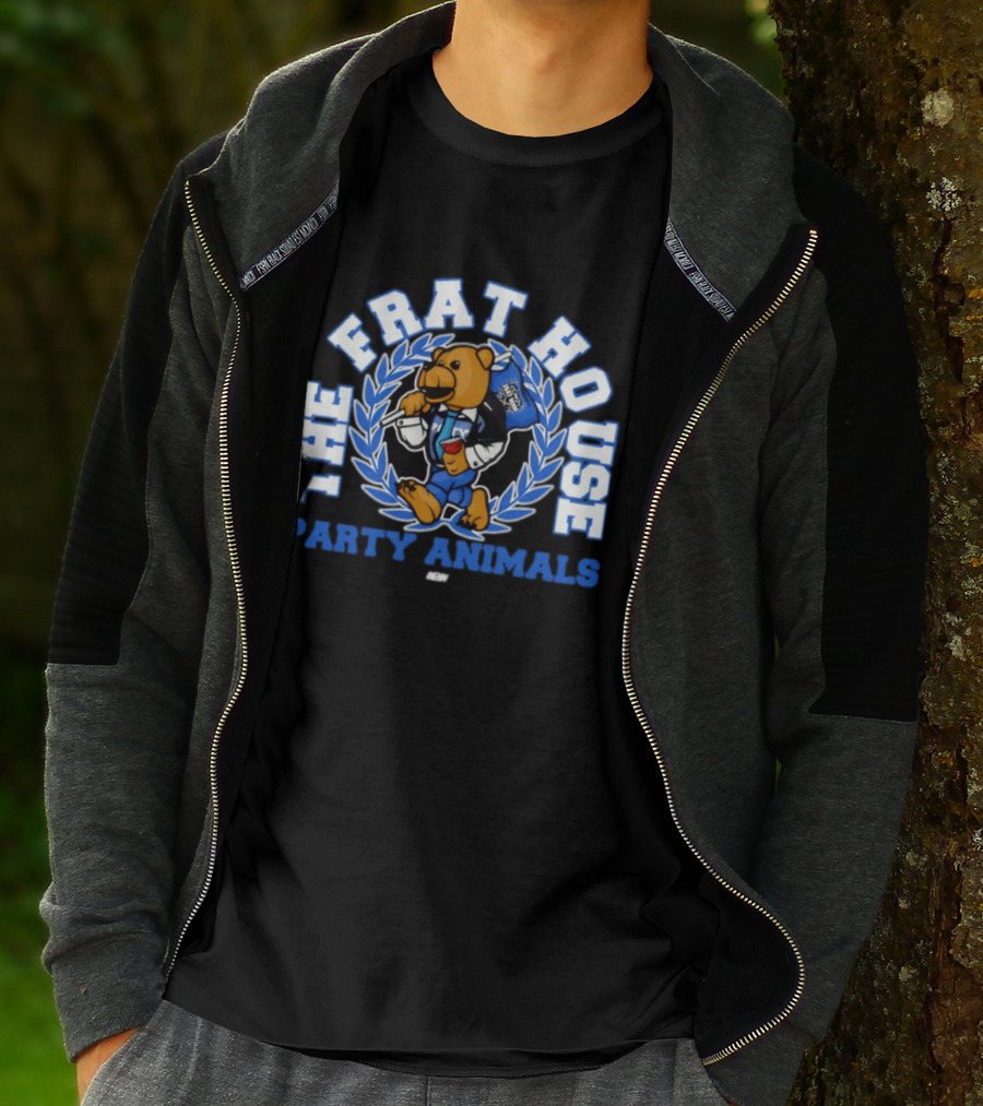 The Frat House Party Animals Beer Bear Drinking In Blue College Jacket T-Shirt