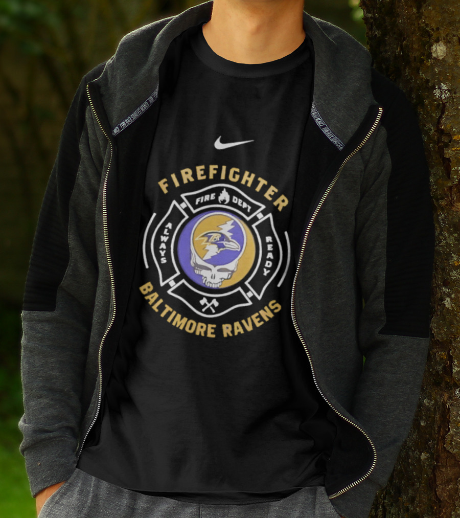 Nike Baltimore Ravens Grateful Dead Firefighter Ravens Heads SFDNY Station 26 Engine 58 T-Shirt