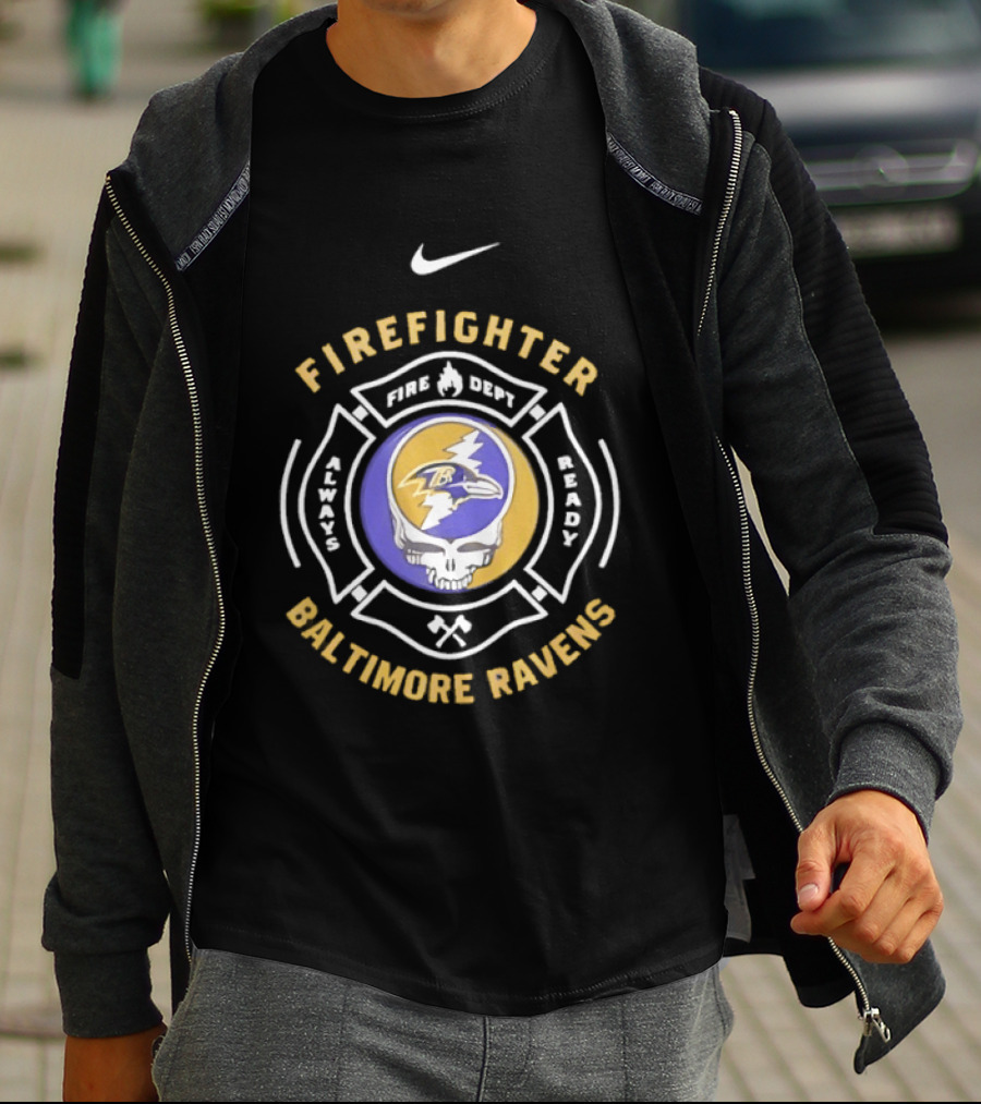 Nike Baltimore Ravens Grateful Dead Firefighter Ravens Heads SFDNY Station 26 Engine 58 T-Shirt