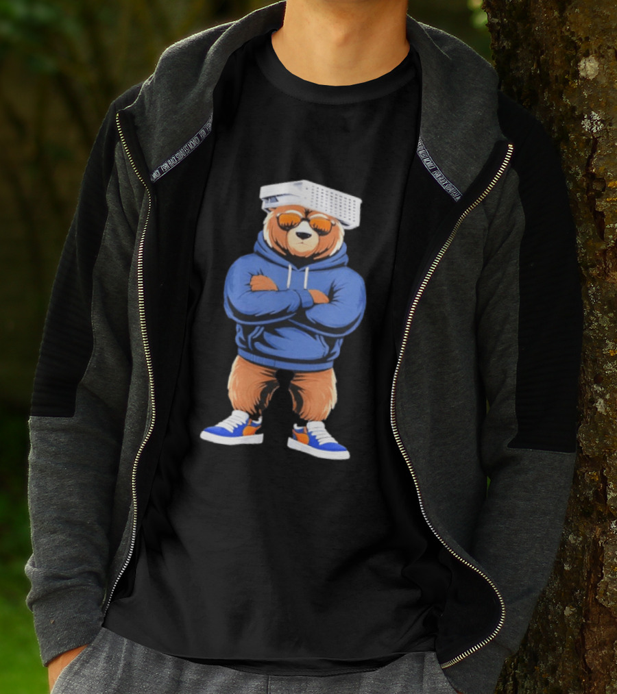 Bear With Cheese Grater Hat And Cool Sunglasses In Blue T-Shirt