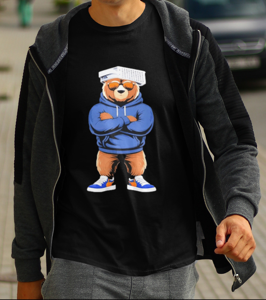 Bear With Cheese Grater Hat And Cool Sunglasses In Blue T-Shirt