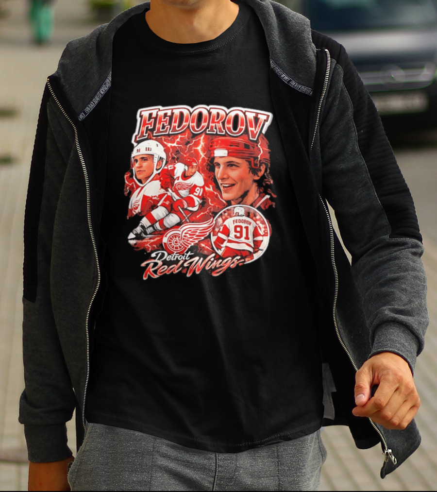 Fedorov 91 Detroit Red Wings Vintage Hockey Hero T-Shirt
