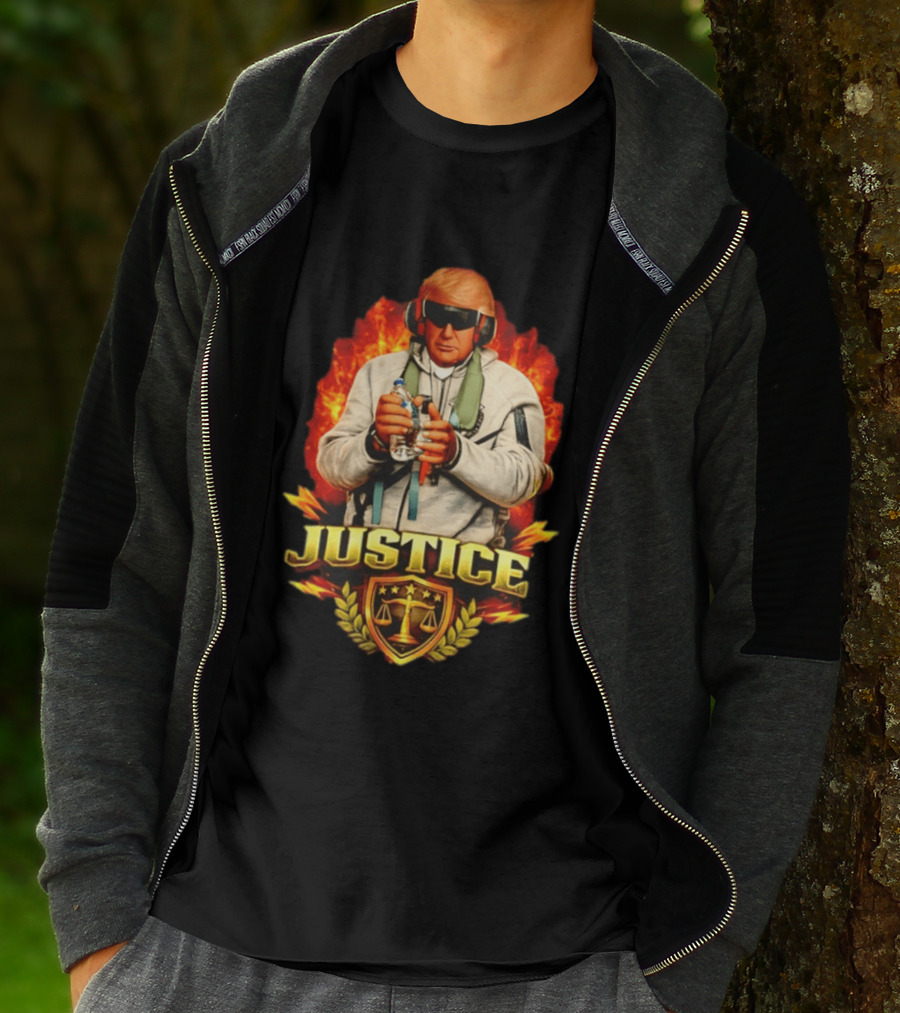 Justice Trump Flaming Background Holding Water Scales Of Justice T-Shirt