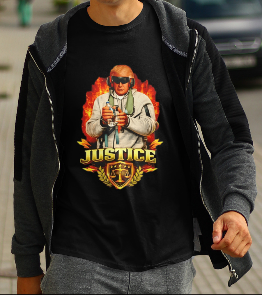 Justice Trump Flaming Background Holding Water Scales Of Justice T-Shirt