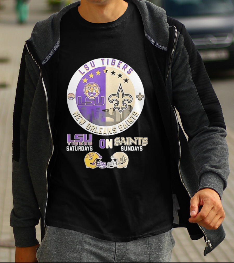 LSU Tigers Saturdays New Orleans Saints Sundays Mashup Helmet T-Shirt