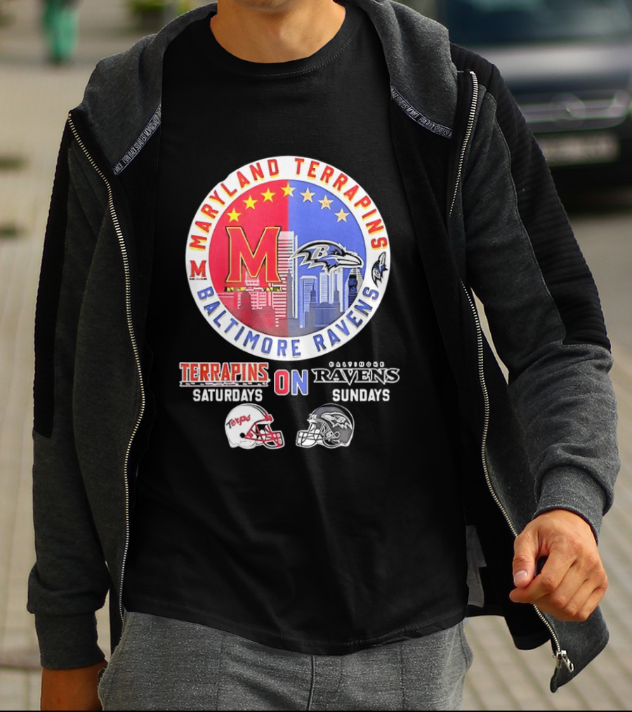 Maryland Terrapins Saturdays Baltimore Ravens Sundays Mashup Helmet T-Shirt
