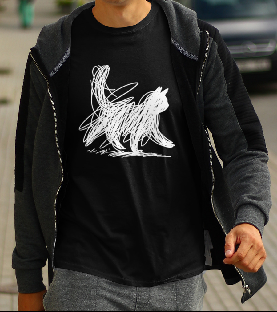 Scribble Cat Minimal Line Art Japanese T-Shirt