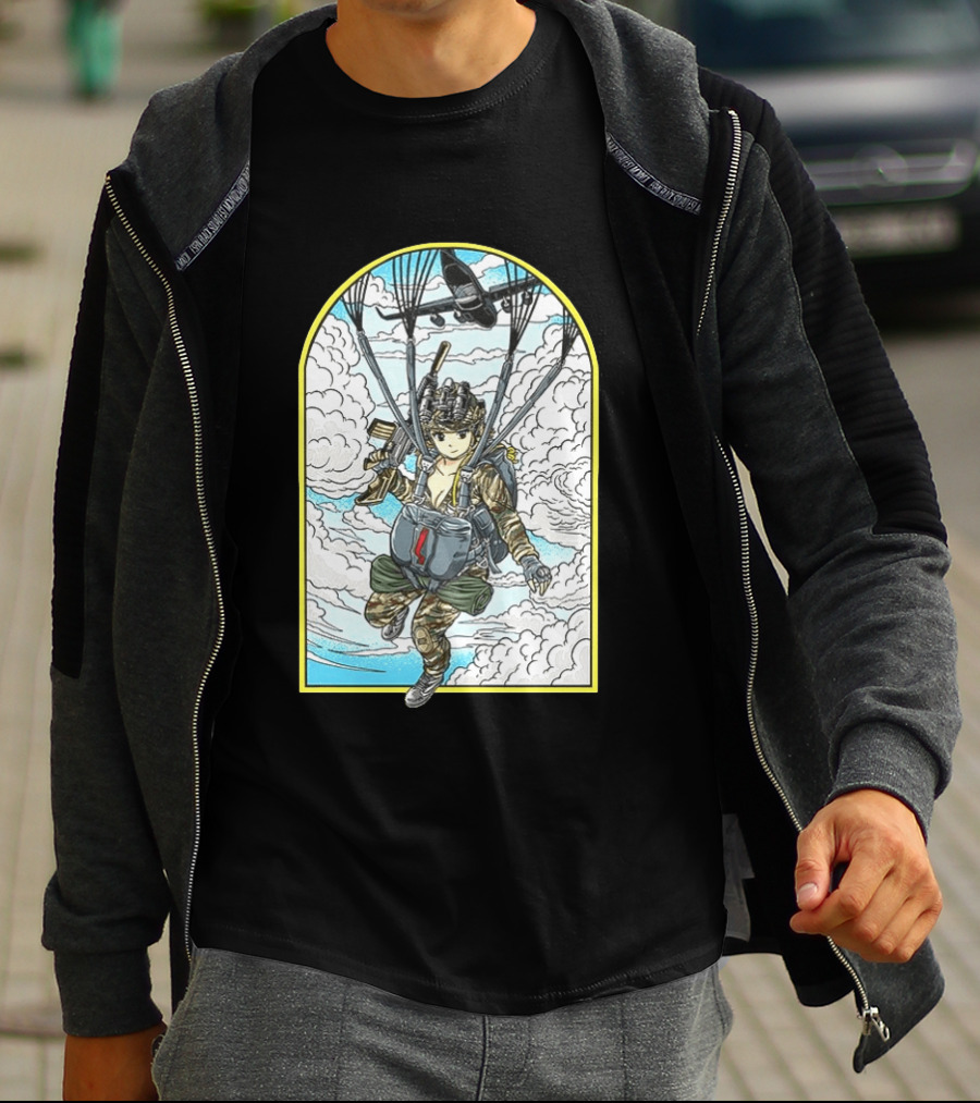 Sky Waifu Anime Paratrooper With Clouds And Plane T-Shirt