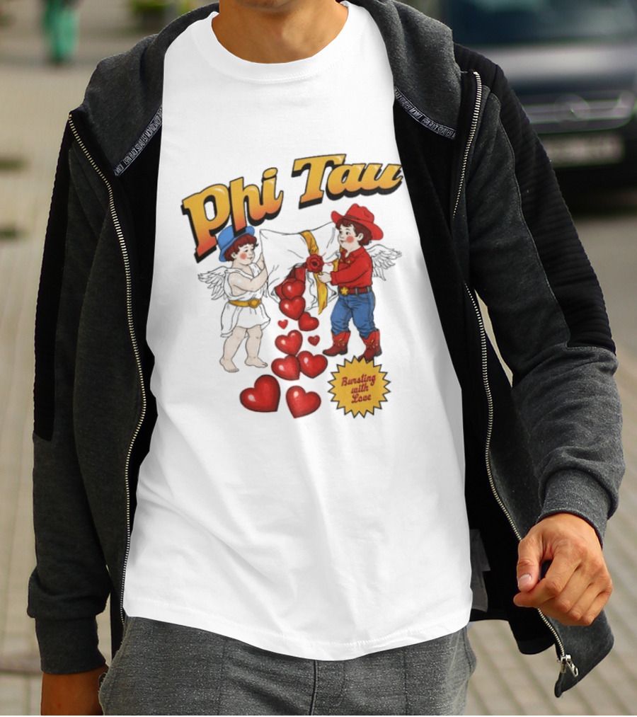 Phi Tau Valentine's Cupid And Cowboy Bursting With Love Hearts T-Shirt