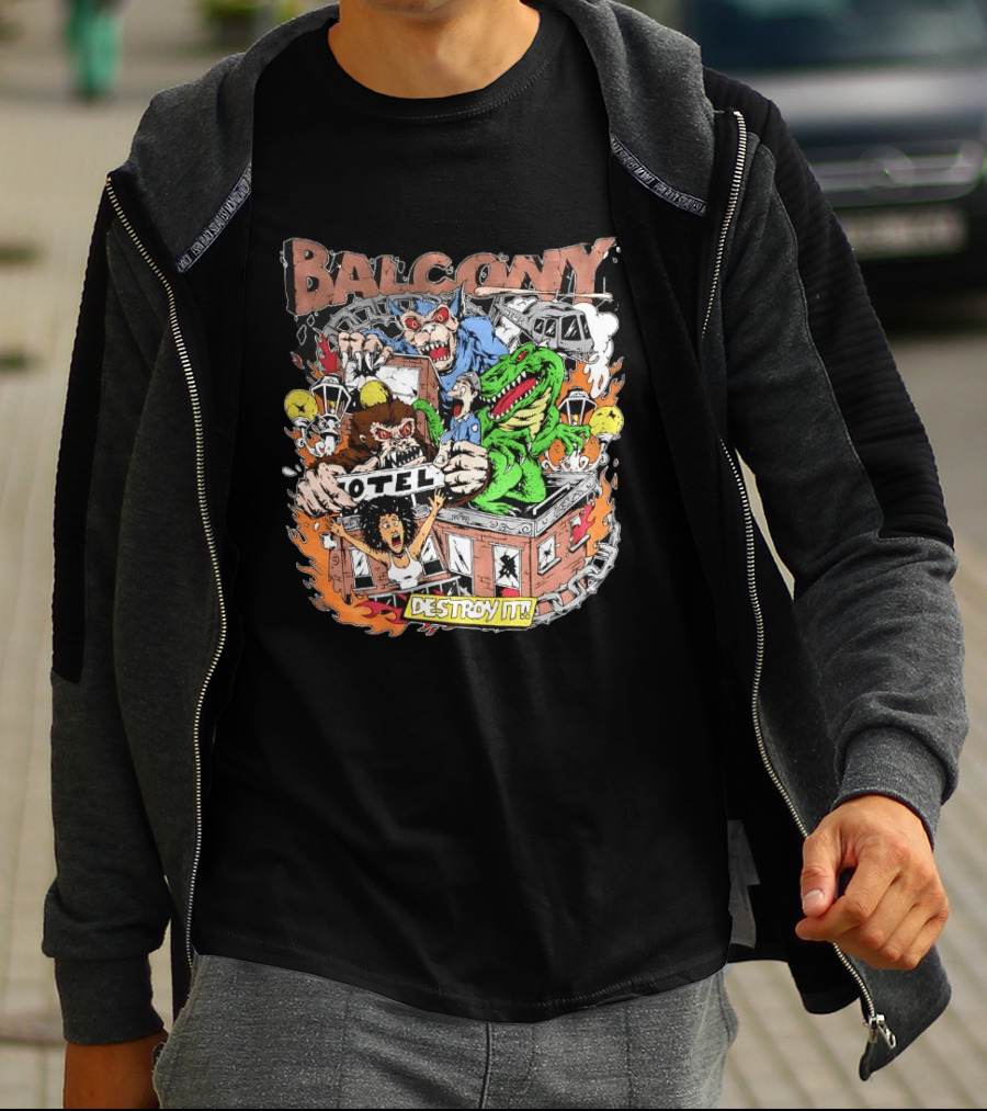 Balcony Hotel Rampage Cartoon Destroy It Monsters And Chaos T-Shirt