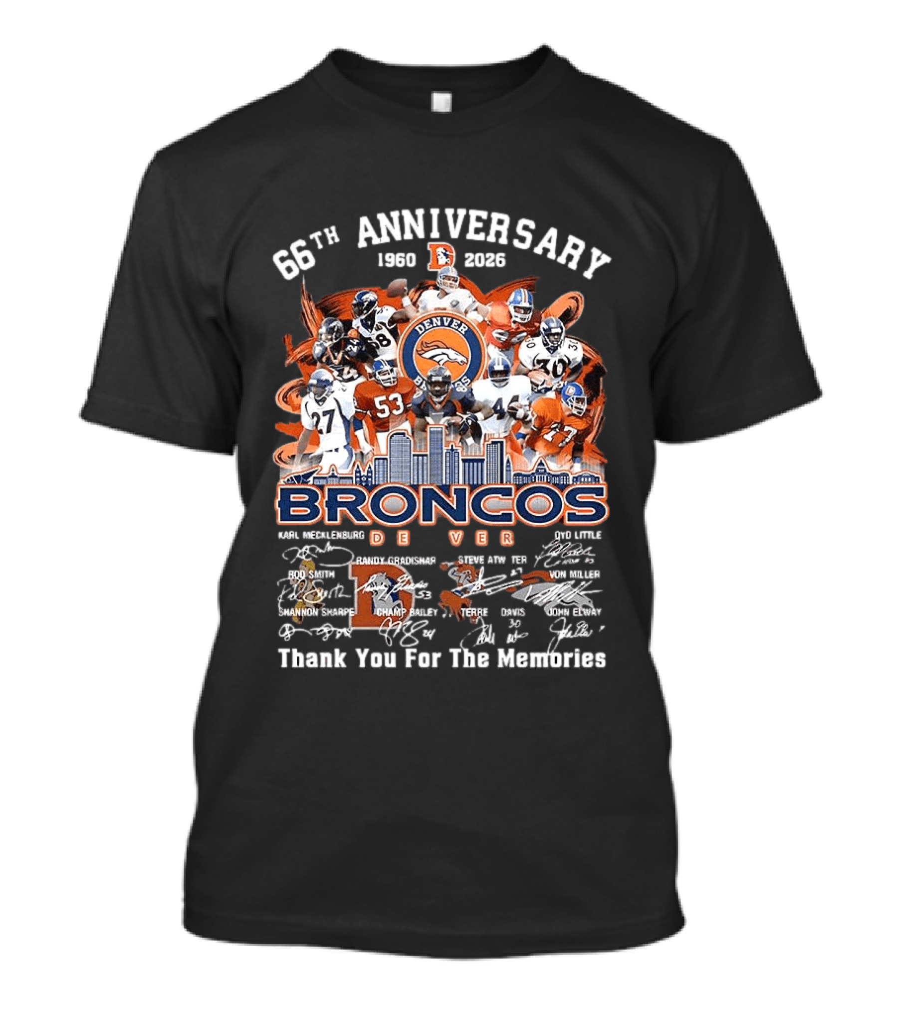 Denver Broncos 66th Anniversary 1959 2023 Thank You For The Memories Skyline Players T-Shirt
