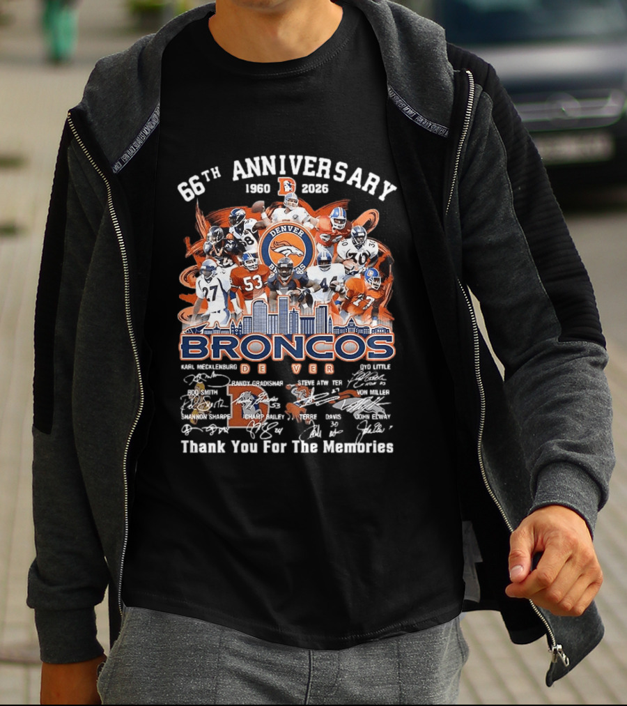 Denver Broncos 66th Anniversary 1959 2023 Thank You For The Memories Skyline Players T-Shirt