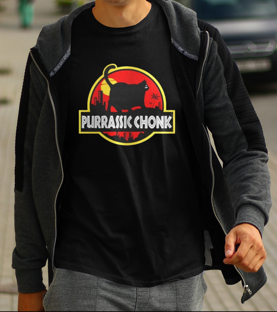 Purrassic Chonk Jurassic Cat Parody With Cat Silhouette On Red Sun T-Shirt