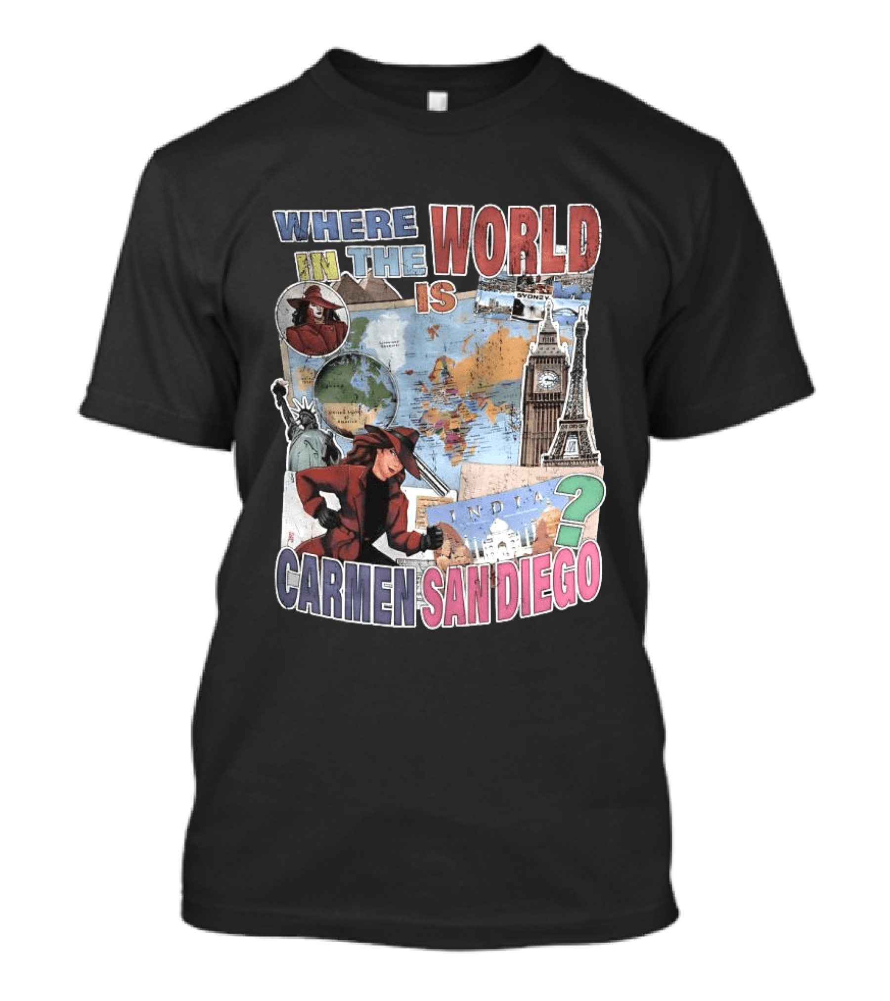 Where In The World Is Carmen Sandiego Map And Landmarks Collage T-Shirt