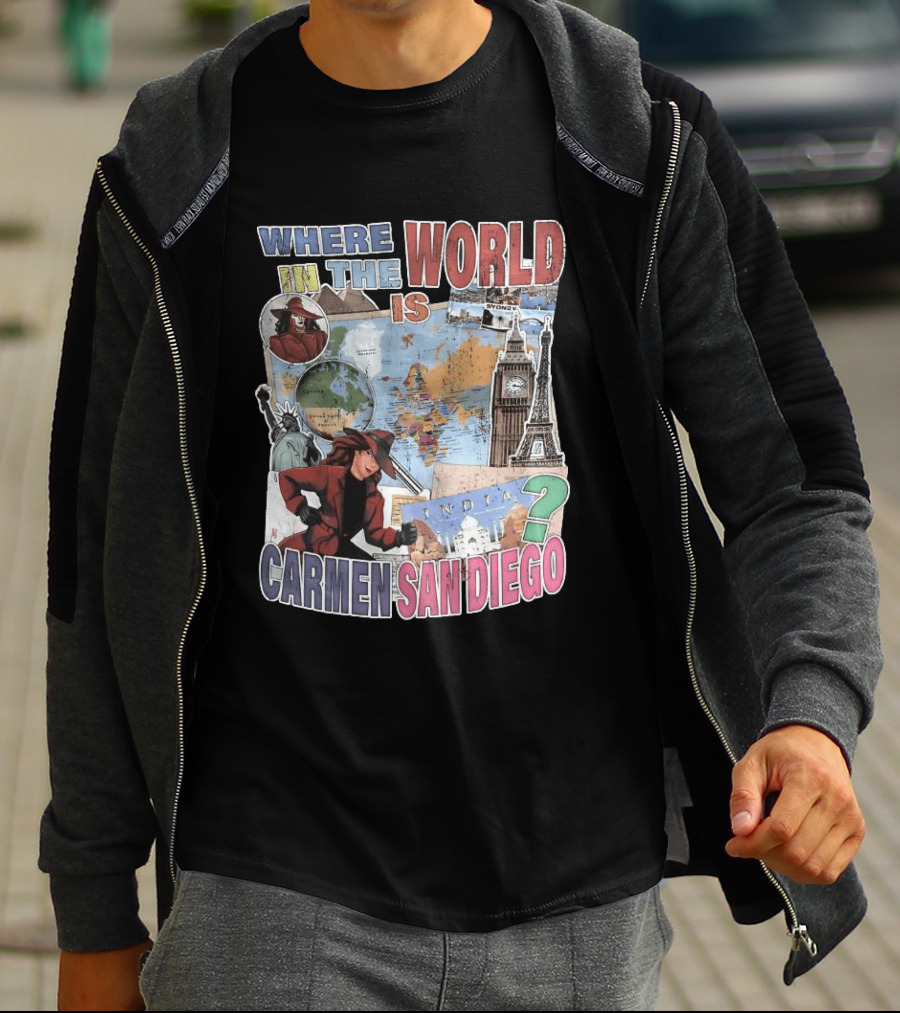 Where In The World Is Carmen Sandiego Map And Landmarks Collage T-Shirt