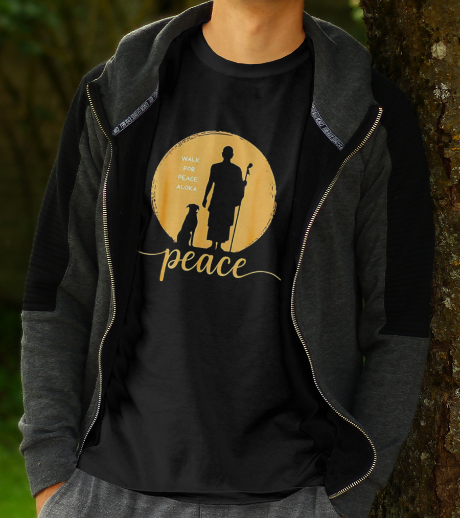 Walk For Peace Aloka Monk And Dog Silhouette Peaceful Journey T-Shirt