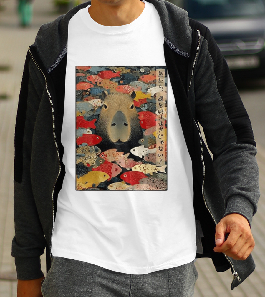 Am I Too Lovable Capybara Surrounded By Colorful Koi Fish T-Shirt