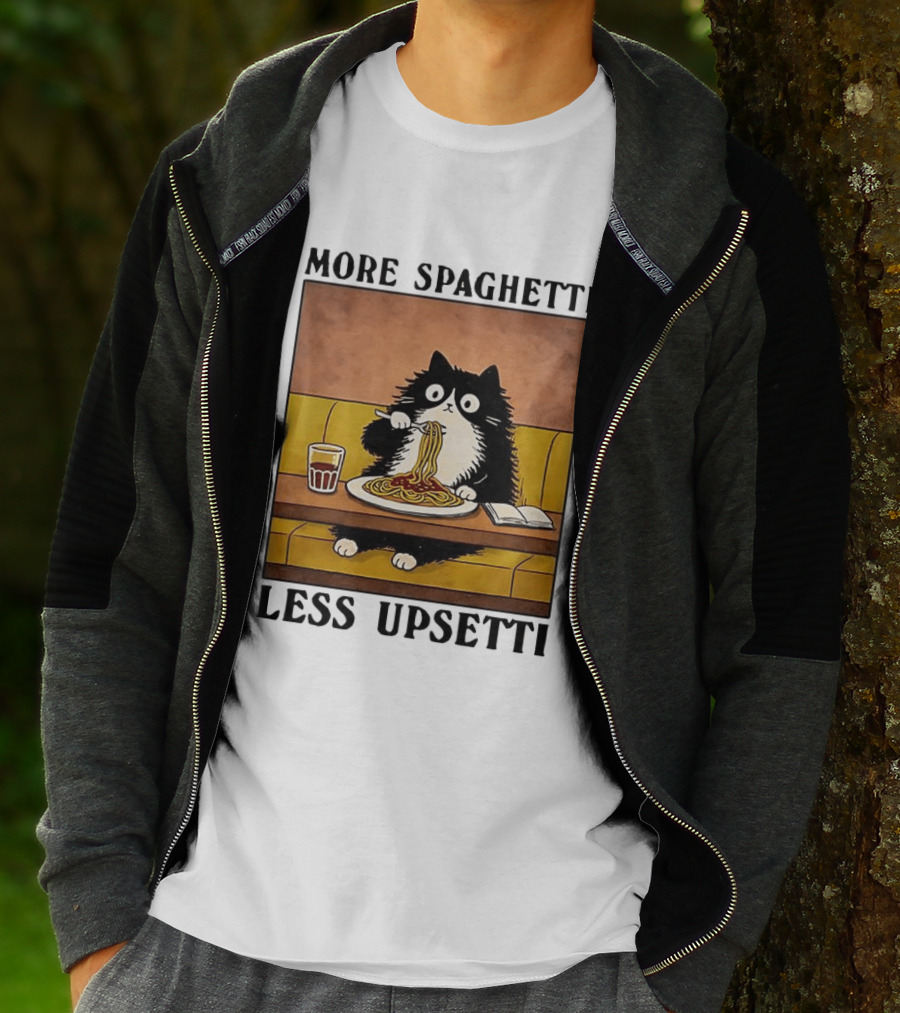 More Spaghetti Less Upsetti Black Cat Eating Italian Food With Drink T-Shirt