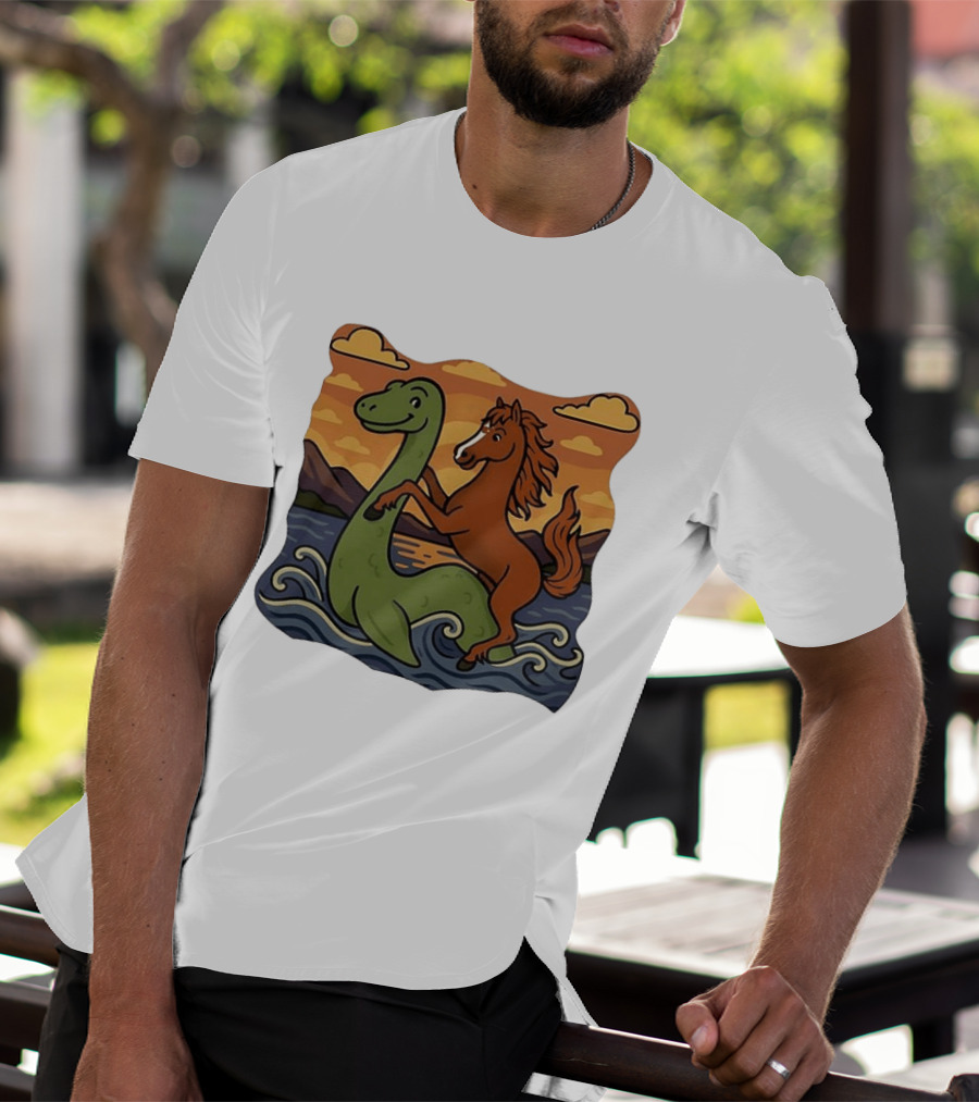 Playful Horse Riding Loch Ness Monster At Sunset Scene T-Shirt