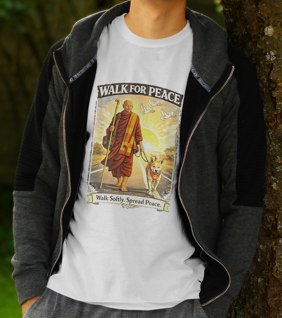 Walk For Peace Walk Softly Spread Peace Monks And Aloka The Peace Dog Doves Sun T-Shirt