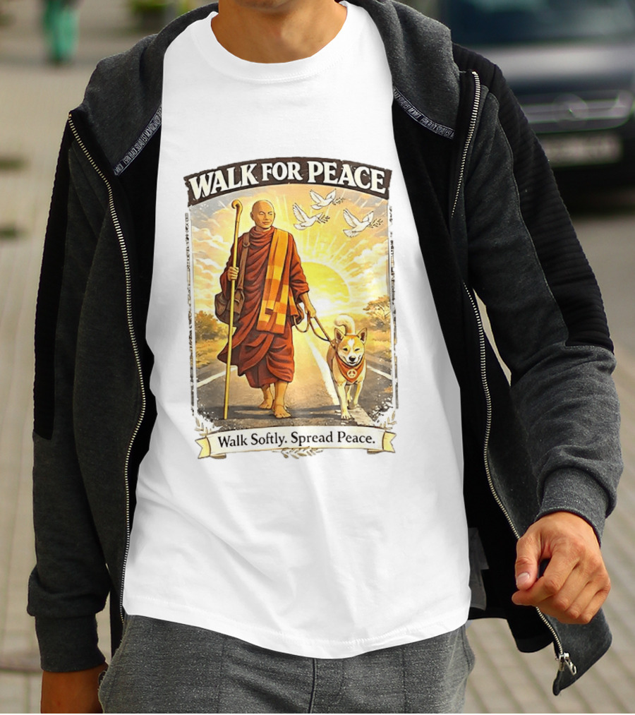Walk For Peace Walk Softly Spread Peace Monks And Aloka The Peace Dog Doves Sun T-Shirt