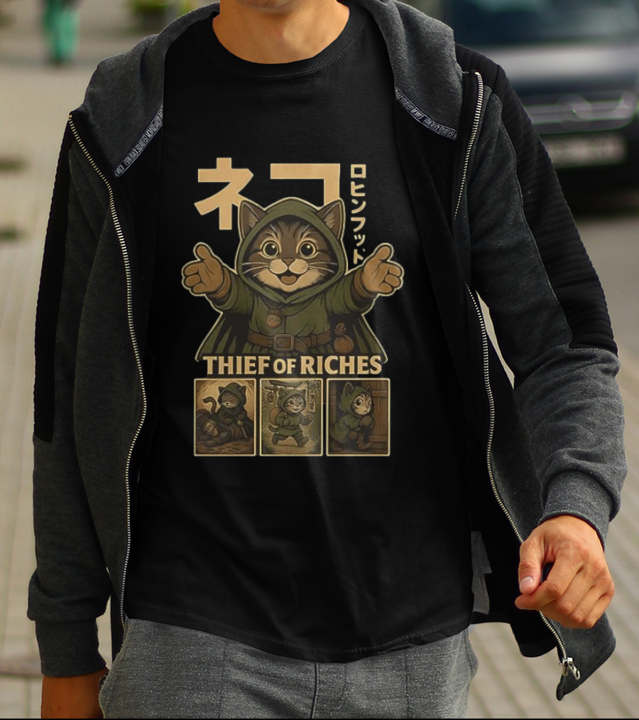 Cat Thief Of Riches Japanese Text Playful Robber T-Shirt